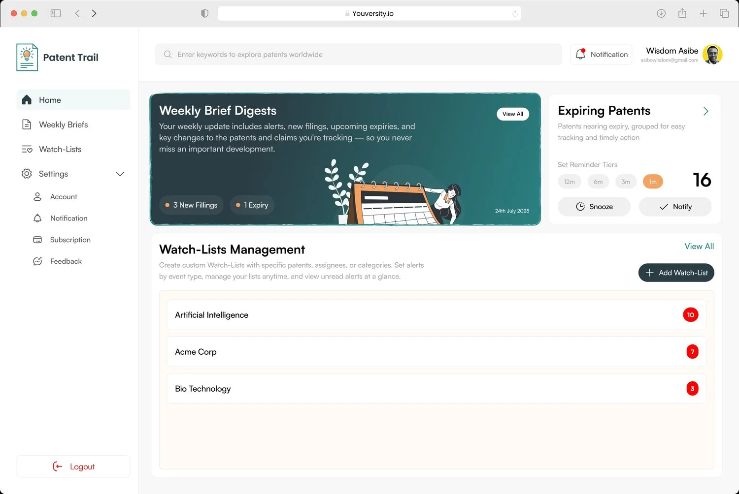 Patent Trail dashboard